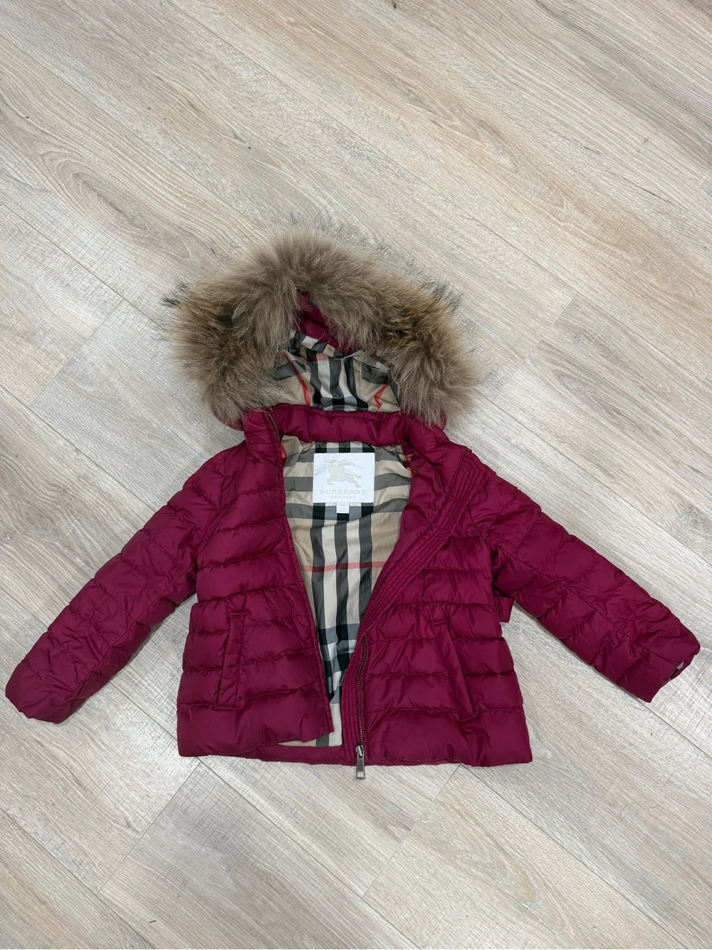 Authentic Burberry Girls' burgundy Quilted Puffer Coat with Fur-Trim Hood